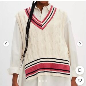 Free People Cable Knit V Neck‎ Striped Trim Sweater Vest Cream Pink Black